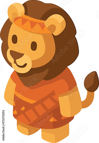A cute cartoon lion character wearing an orange outfit with tribal patterns and a matching headband, illustrated in a playful and colorful style.
