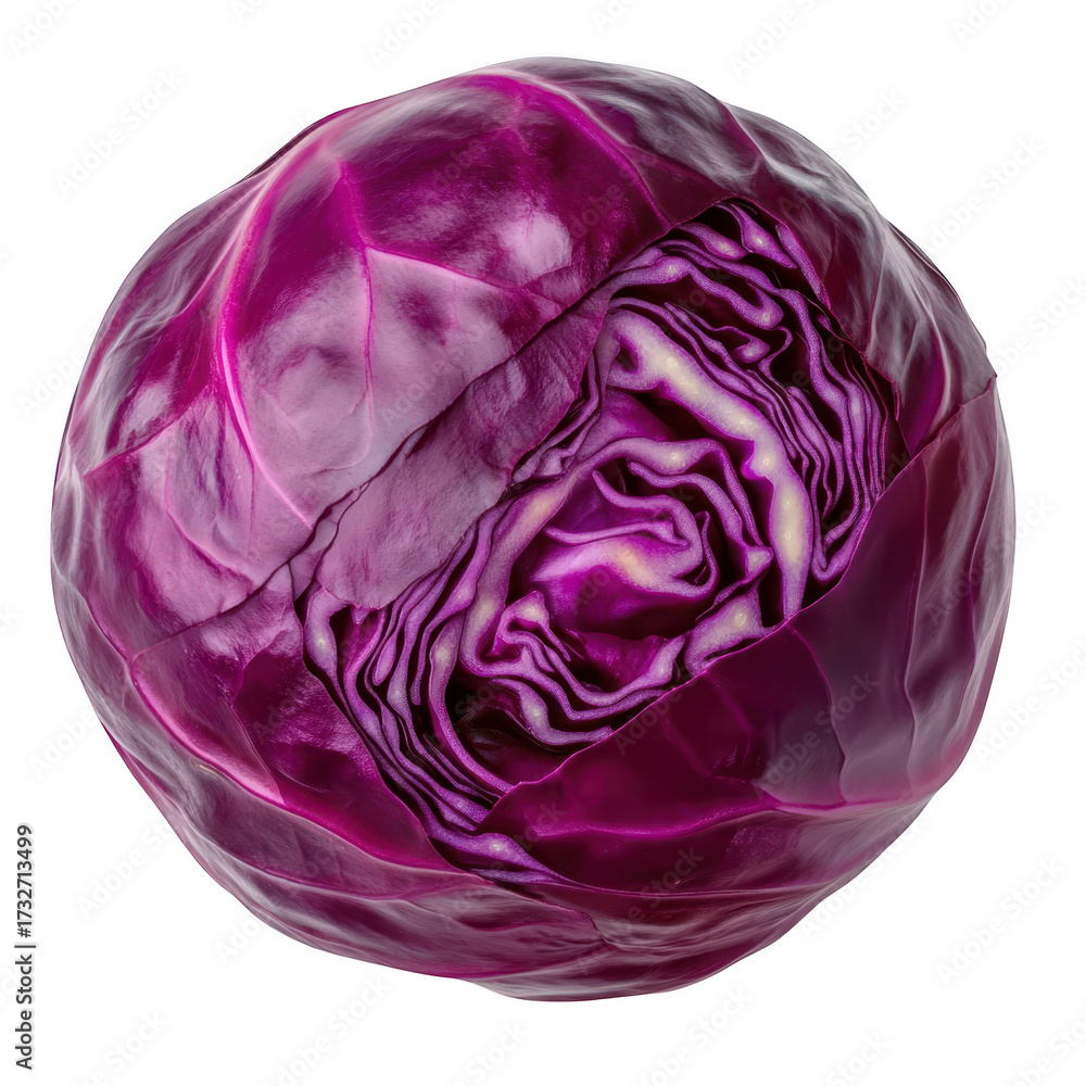 Obraz premium A vibrant. round purple cabbage with intricate layers visible from a cut section. set against a clean white background. ideal for culinary and health-related content
