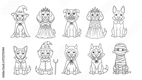 Halloween Dog Line Art Collection: A charming compilation of Halloween-themed illustrations, showcasing adorable dogs in a variety of costumes, all rendered in elegant black line art.