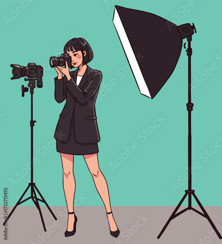 Cartoon photographer, studio setup, black blazer, camera in hand, softbox light, tripod gear, turquoise background, fashion shoot, tech scene