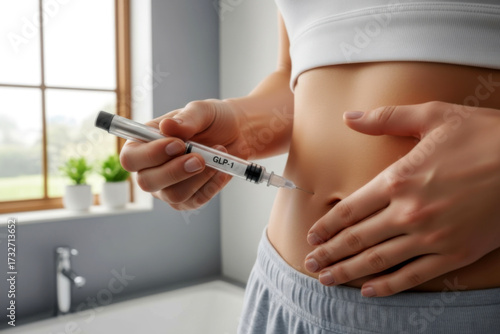 Woman holding GLP-1 injection pen for diabetes and weight management treatment. Modern diabetes treatment and weight management therapy.