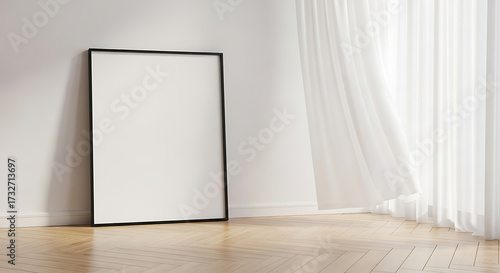 Blank frame mockup leaning against wall with curtain empty frame concept for design presentation minimalist black frame for picture or poster modern interior with sunlight and shadow 3d rendering