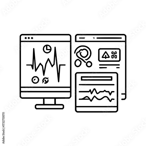 Outline illustration of medical monitoring devices displaying vital signs and patient data on screens