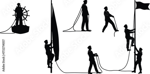 Silhouettes of Sailors and Seamen Performing Various Maritime Tasks, Vector Illustrations of Naval Crew on a Ship with Flags and Ropes