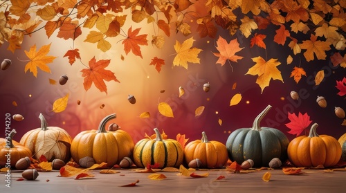 Thanksgiving background with pumpkins and leaves