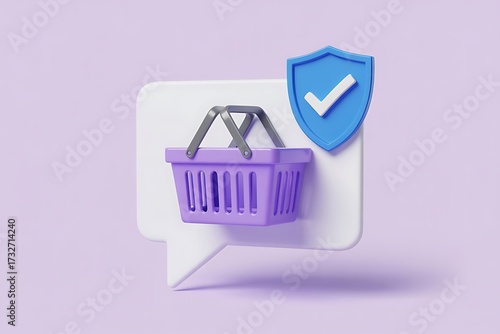 A purple shopping basket with a shield and checkmark for secure online shopping