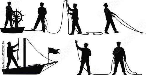 Set of Sailor Silhouettes on a Ship, Vector Illustrations of Men in Various Nautical Activities, Steering and Pulling Ropes
