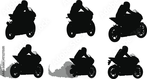 Silhouettes of Motorcycle Racers on a Sports Bike, Vector Illustrations of Men in Dynamic Poses for Speed and Motorsport Themes