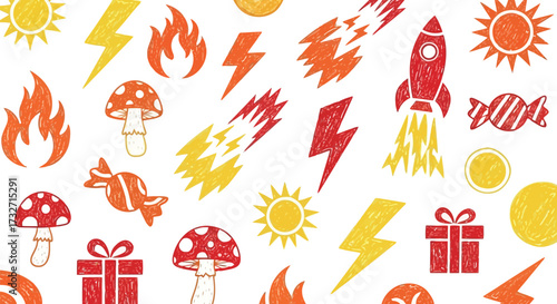 Vector art of collection of colorful crayonstyle drawings of rockets, suns, lightning bolts, mushrooms, and candies