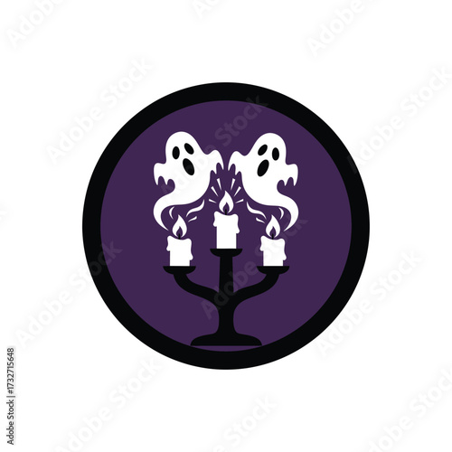 Spooky candelabra with ghosts in a circular icon for Halloween or horror themes