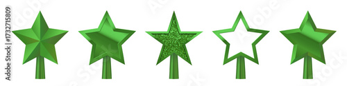 Christmas green tree topper set vector illustration. Realistic 3D star decoration in deco style. Decorative traditional top of Xmas pine tree in winter season isolated on transparent.