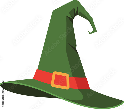 Green witch hat with a red belt for Halloween or magic themes
