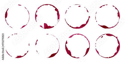 Wine glass stains set. Red circular wine rings and splashes on white background. Realistic beverage marks collection for bar or restaurant design, menu decoration. Texture vintage vector illustration.
