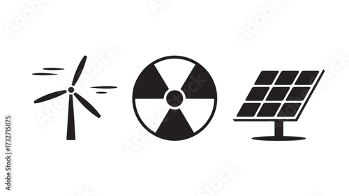 Renewable energy icon set featuring wind turbine nuclear and solar panel simple flat vector illustration for sustainable energy concepts