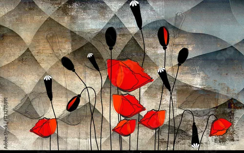 Fototapeta Artistic red poppy flowers with abstract background mural.