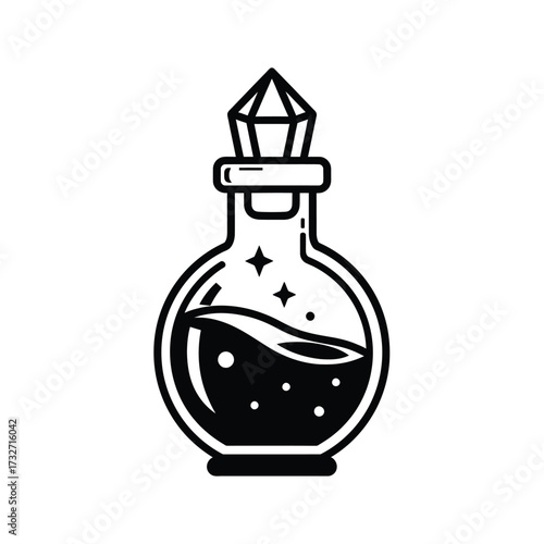 Mysterious potion bottle with crystal stopper and sparkles