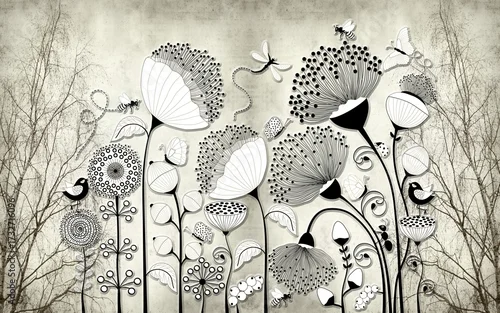 Fototapeta Artistic monochrome abstract floral mural with decorative design.