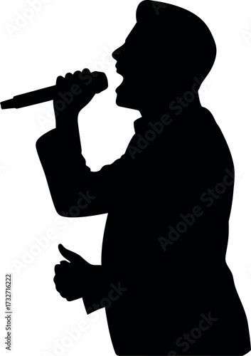 Black silhouette of a man singing into a microphone