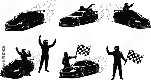 Silhouettes of Racing Car and Drivers, Vector Illustrations of Speed, Competition, and Winning, for Motorsport and Automotive Themes