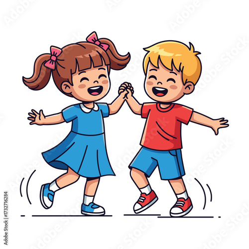 Joyful cartoon children holding hands and dancing happily together