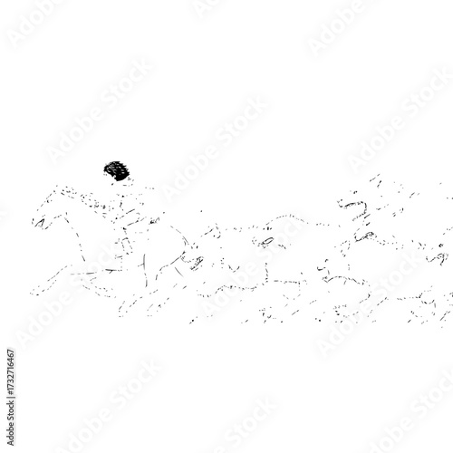 A monochrome sketch depicting a person riding a horse amidst a group of other horses in motion art style