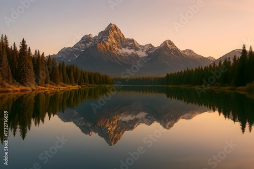 Majestic mountain reflected in clear lake water