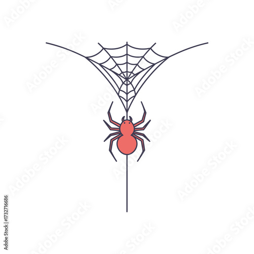 Spooky spider descending on a thin thread from its web
