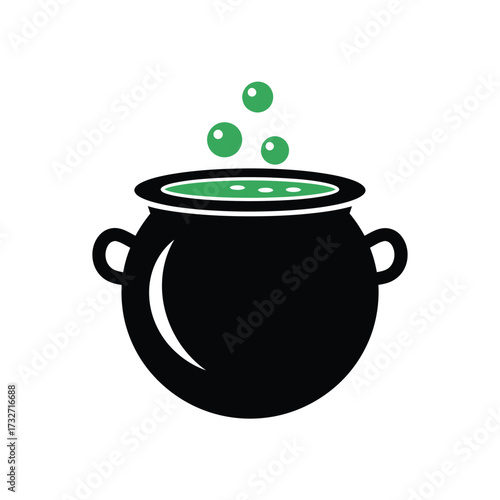 Black cauldron with bubbling green potion and handles
