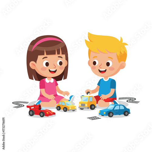 Two happy children playing with toy cars and race tracks on a white background