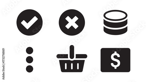 Set of black glyph icons for e-commerce including check mark cross database menu shopping basket and dollar sign vector illustration for web and app design