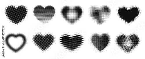 Halftone heart shapes. Dotted hearts with gradient dot patterns, retro pop art love symbols and abstract romantic elements with halftone stipple effect. Isolated vector set