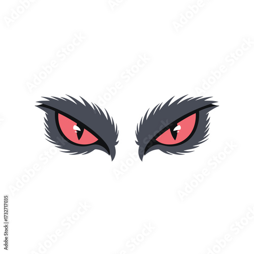 Fierce red eyes with dark furry eyebrows on white background