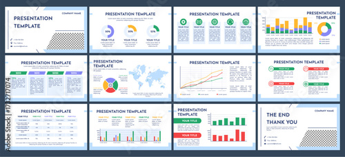 Finance infographics presentation slides. Business report charts, data visualization and analysis graphs, bar and pie diagrams, world map visualization, timeline comparison and report vector layouts