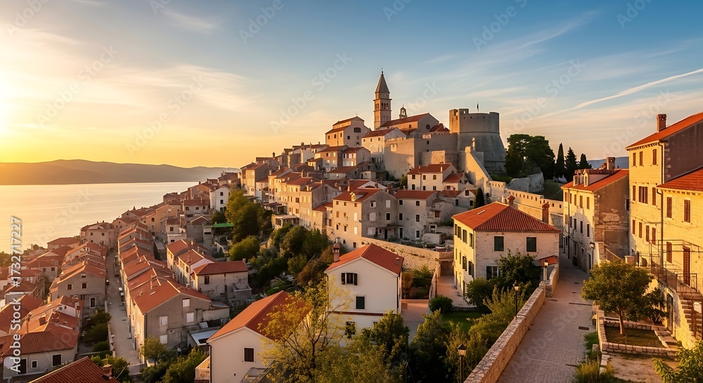 Fototapeta premium Coastal Croatian Town at Sunrise.