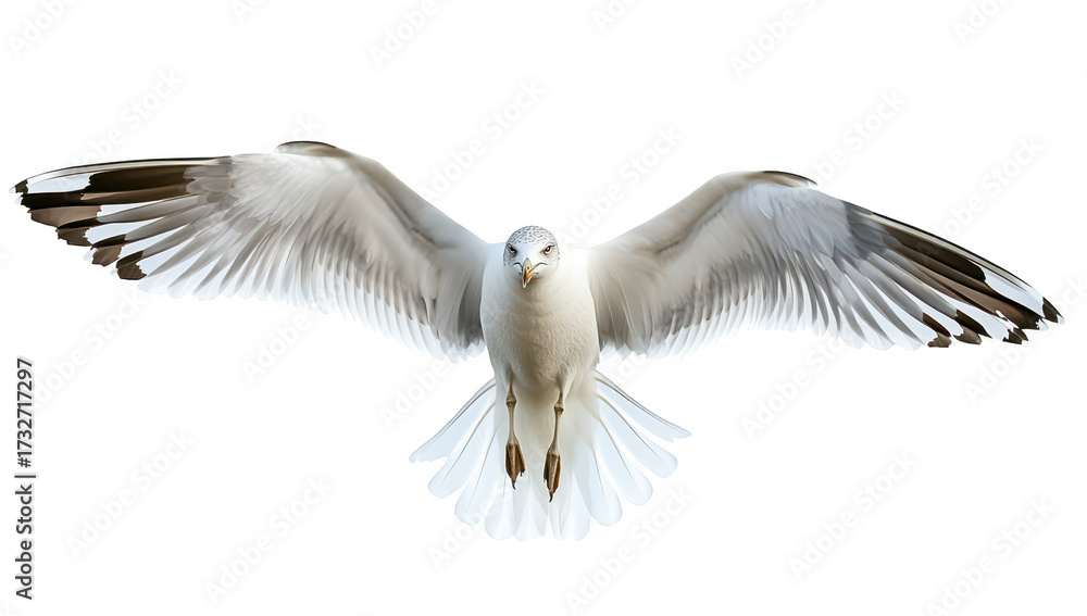 Obraz premium A majestic seagull soaring gracefully with outstretched wings against a pristine white background. capturing the essence of freedom and natures beauty in flight