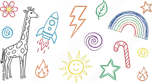 Vector art of collection of colorful crayon drawings of various objects and animals