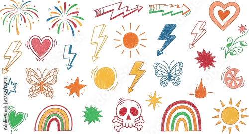 Vector art of assortment of colorful crayon drawings of abstract shapes, symbols, and objects
