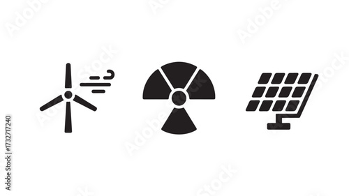 Set of renewable energy icons featuring wind turbine nuclear and solar panel simple glyph vector design isolated on white background