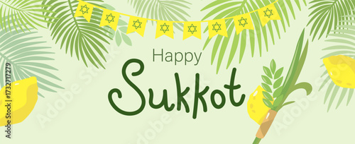 Happy Sukkot. Etrog, lulav, sukkah. Jewish holidays.