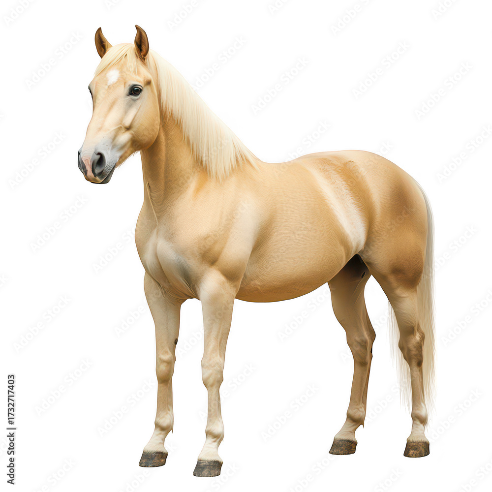 Obraz premium A stunning palomino horse stands majestically against a white background. its sleek coat and strong physique. perfect for equestrian-themed projects or animal photography
