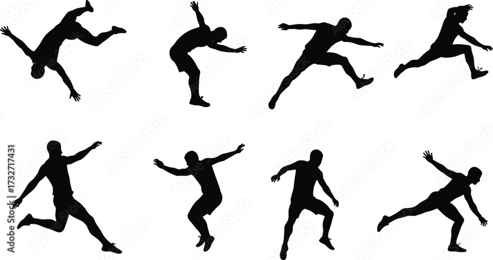 Fototapeta premium Silhouettes of Athletes and Parkour Practitioners in Dynamic Jumps and Acrobatic Poses, Vector Illustration for Sports and Action