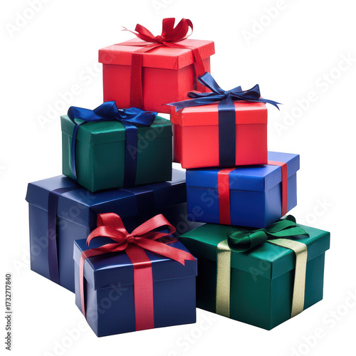 A arrangement of colorful gift boxes stacked together. featuring red. blue. and green wrapping with decorative bows. set against a clean white background. perfect for holiday celebrations or special o