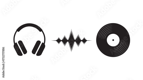 Headphones sound wave and vinyl record icon set simple flat vector design elements for music and audio isolated on white background