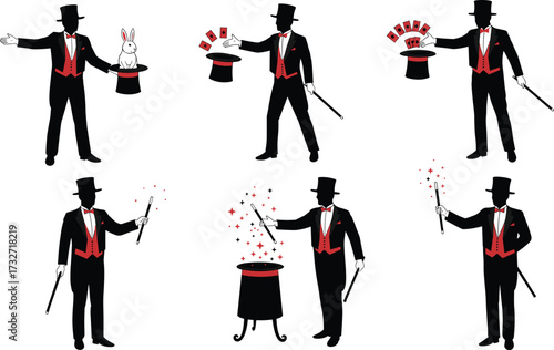 Set of Magician Silhouettes Performing Tricks, Vector Illustrations of a Man with Top Hat, Wand, and Rabbit on White Background