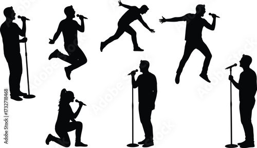 Silhouettes of Male and Female Singers Performing on Stage with Microphones, Dynamic Vector Illustrations for Music and Live Entertainment