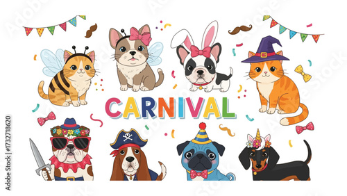 Carnival of Cuties: A whimsical illustration featuring a vibrant array of adorable pets dressed in festive carnival costumes, radiating joy and playfulness.