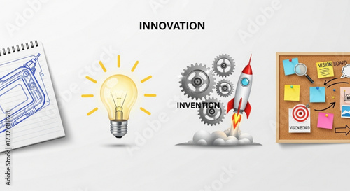 Illustration of innovation and invention concept, featuring light bulb, gears, rocket, and corkboard with sticky notes