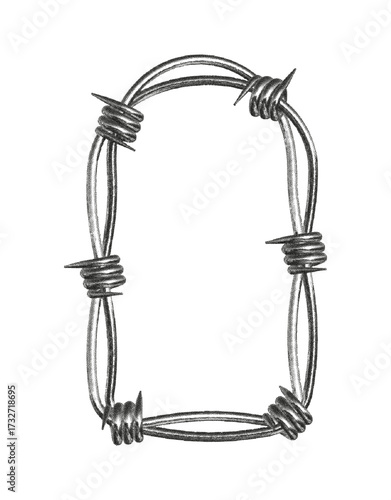 Military style barbed wire frame with punk rock influences and textured noise effects against a simple background.