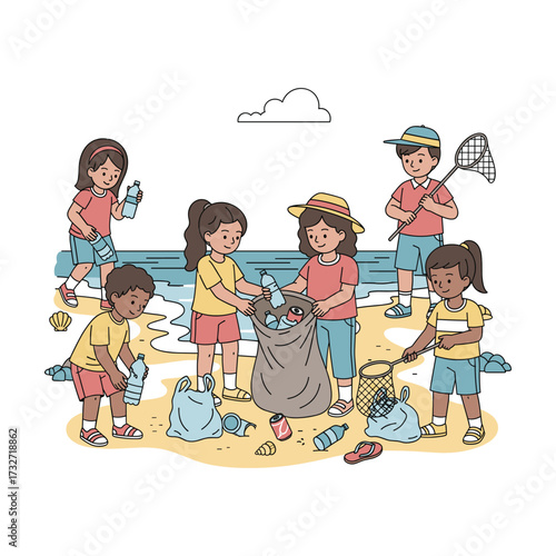 Children cleaning up beach litter, collecting plastic bottles and trash in bags