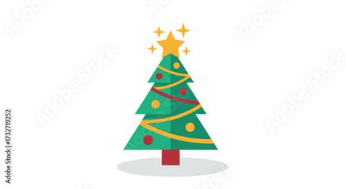 A festive Christmas tree illustration decorated with ornaments and a star on top.